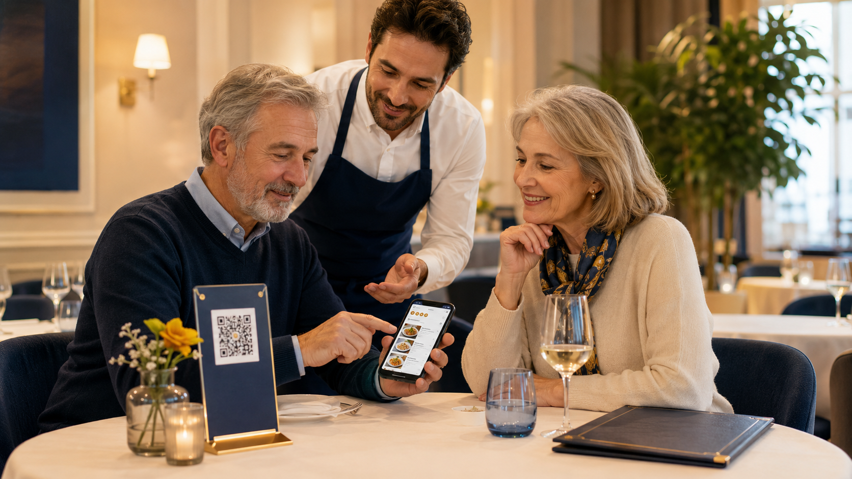 Casal em restaurante usando cardápio digital com QR Code com apoio do atendimento humano