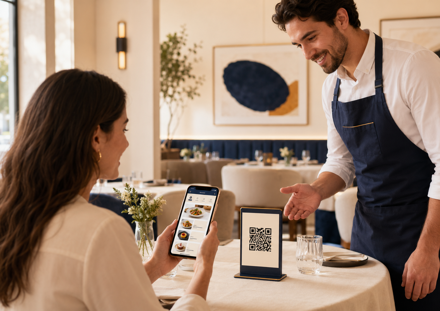 Cliente consultando cardápio digital no celular enquanto garçom apresenta QR Code na mesa do restaurante