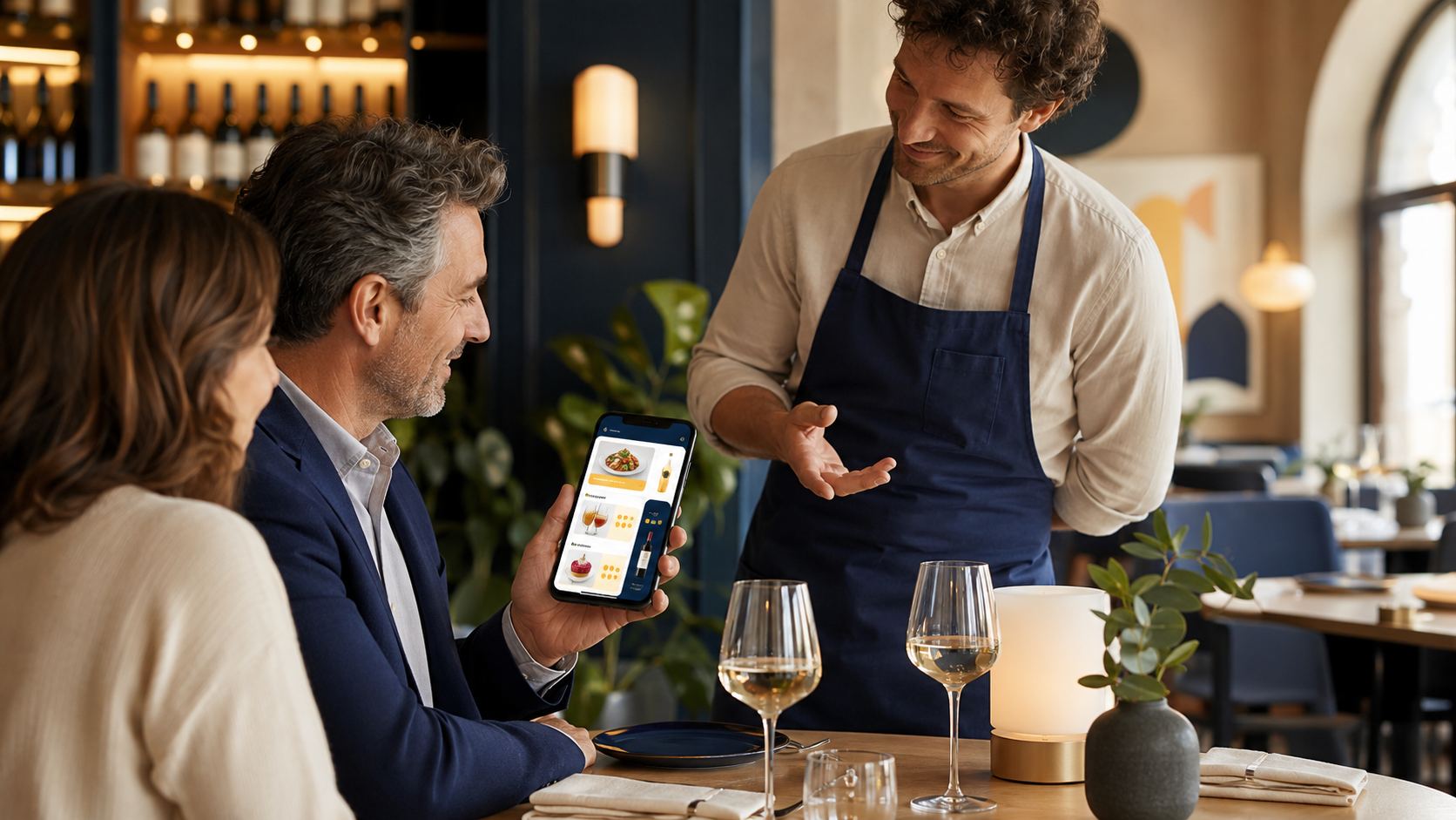 Garçom sugerindo itens de forma consultiva enquanto cliente consulta cardápio digital no restaurante
