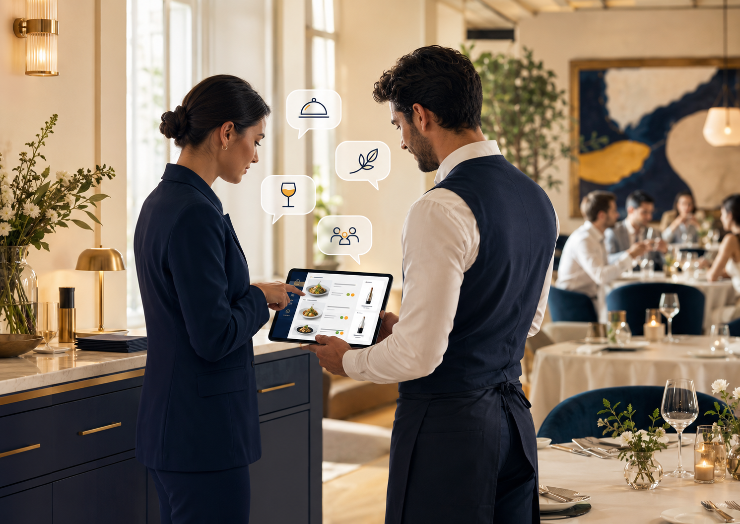 Equipe de salão usando cardápio digital para reduzir dúvidas repetidas e melhorar atendimento no restaurante