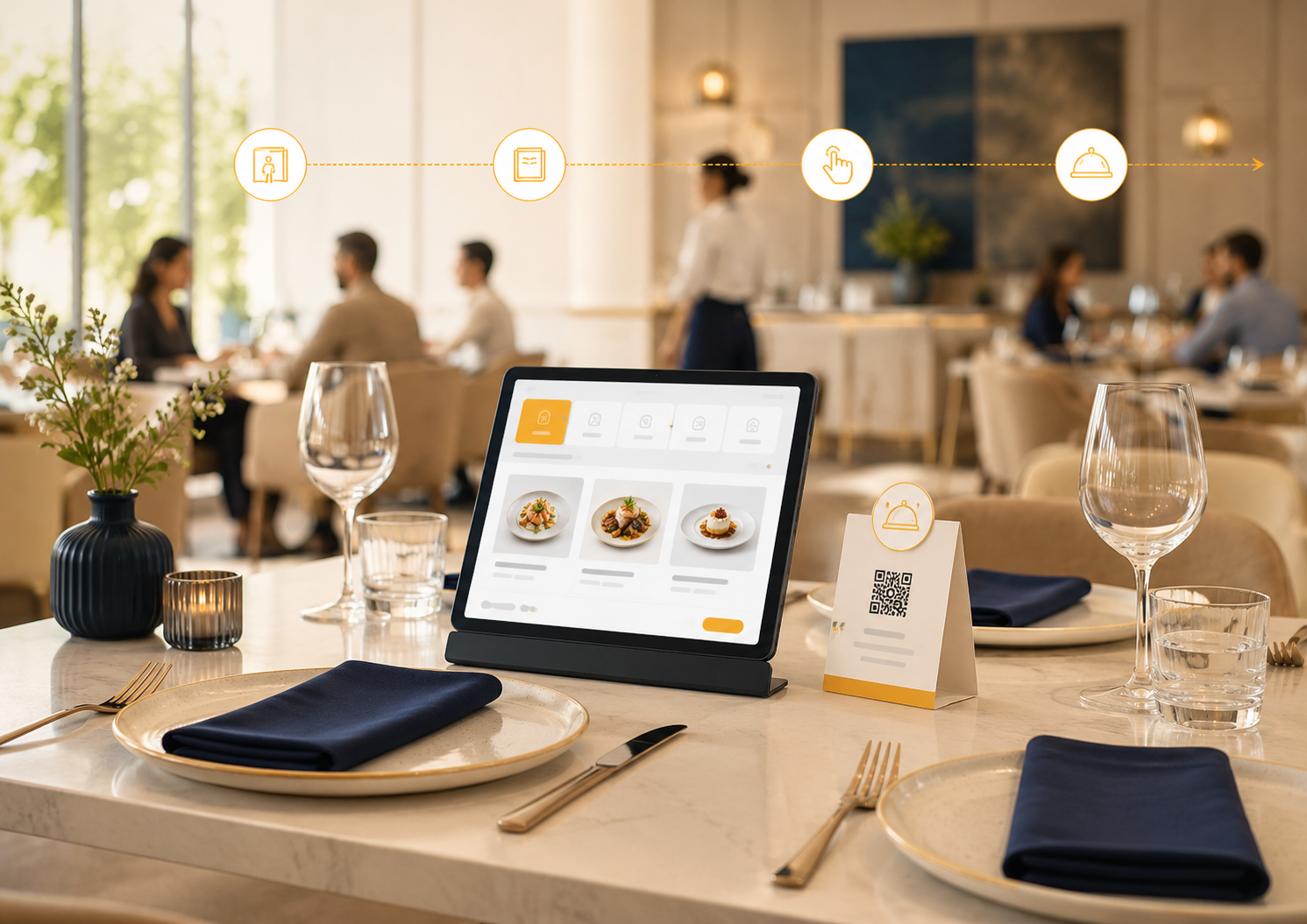 Mesa de restaurante preparada com cardápio digital claro antes do prato chegar