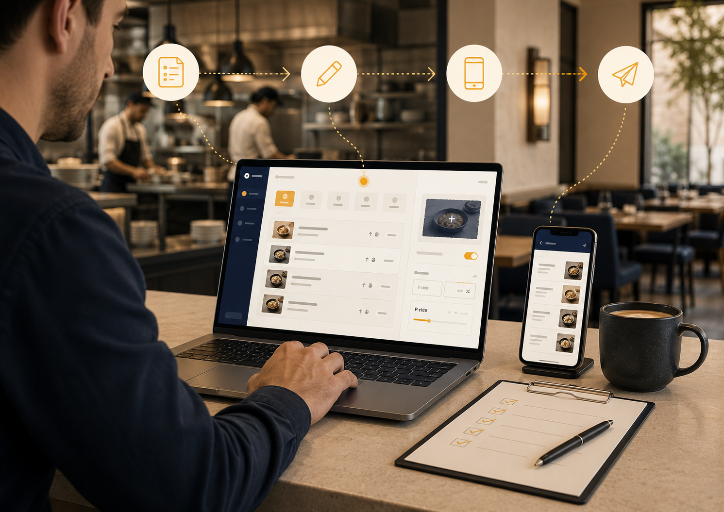 Gestor atualizando o cardápio digital do restaurante de forma simples e organizada